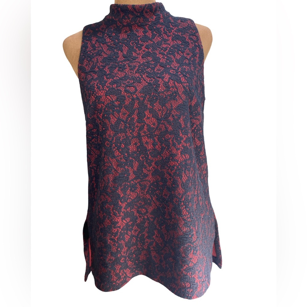 Michael‎ Michael Kors Red Black Lace Mock Neck Sleeveless Blouse Small